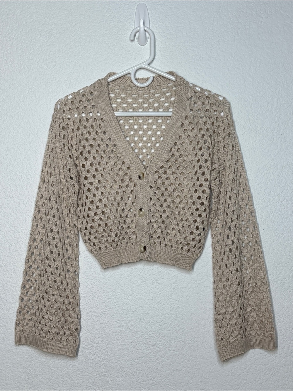 Cropped Open-Knit V-Neck Cardigan Sweater - Beige, Cottagecore